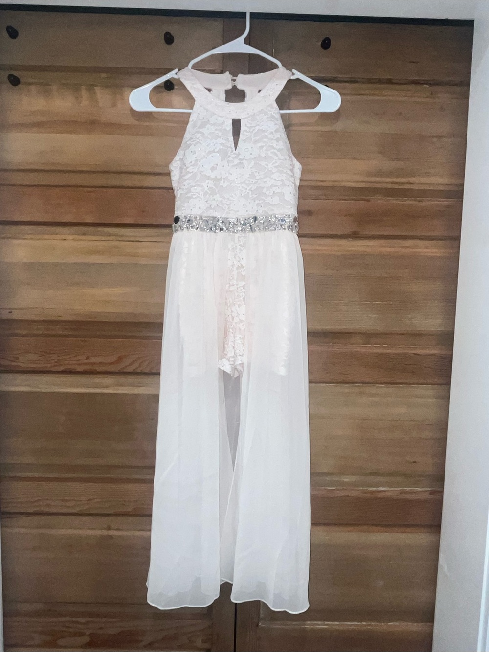 Ivory Lace High-Neck Maxi Dress with Beaded Waist